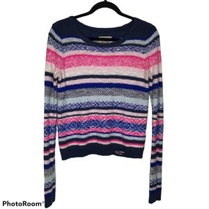 *Hollister Stripped Blue Pink Print Crew Sweater Alpine Ski Academia  Preppy